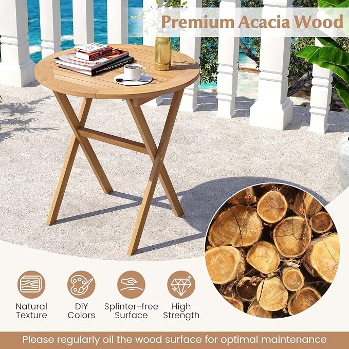 Tangkula 26-Inch Acacia Wood Outdoor Dining Table Set of 2, Folding Patio Round Dining Table with Slatted Tabletop & X-Shaped Frame, for Porch, Garden, Backyard, Poolside (2)