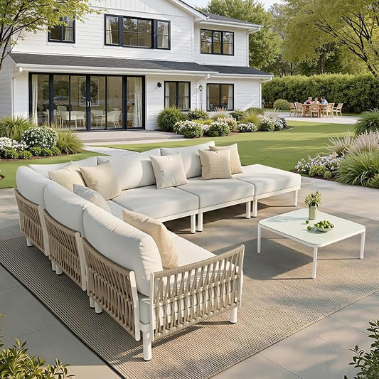 7-Piece Aluminum Modern Outdoor Sectional Sofa with Coffee Table - Weather-Resistant 31" Deep Seating Patio Conversation Set, 5.1" Thick Removable Cushions for Deck, Porch & Backyard, Beige
