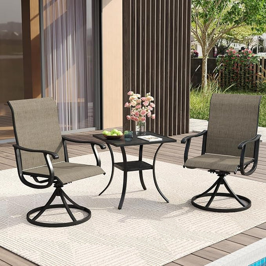 VICLLAX 3 Pieces Patio Dining Set for 2-28" Square Small Outdoor Table and 2 Patio Swivel Chairs for Lawn Garden, Black Tabletop and Mixed Brown Fabric