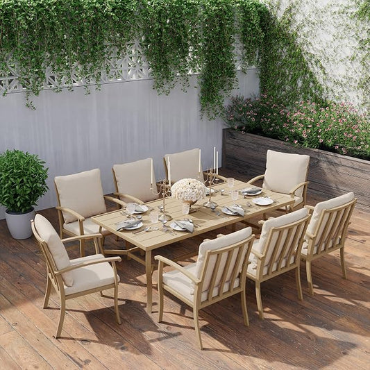 HAPPATIO Aluminum 9 Piece Patio Dining Set - Aluminum Outdoor Dining Set for 8, Patio Dining Table and Chairs Set, Patio Furniture with Table and Chairs (Beige)