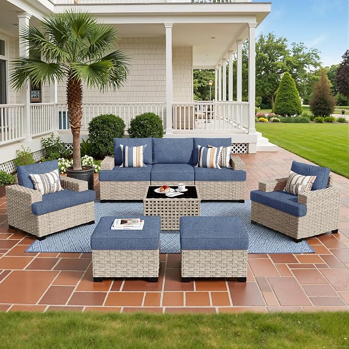 Weaxty 8 Pieces Outdoor Furniture Set, Patio Sectional Sofa Wide Seats Couch Chair with Ottoman Solar Table, Thick Cushion All-Weather Rattan Patio Conversation Sets for Backyard Porch Deck, Blue