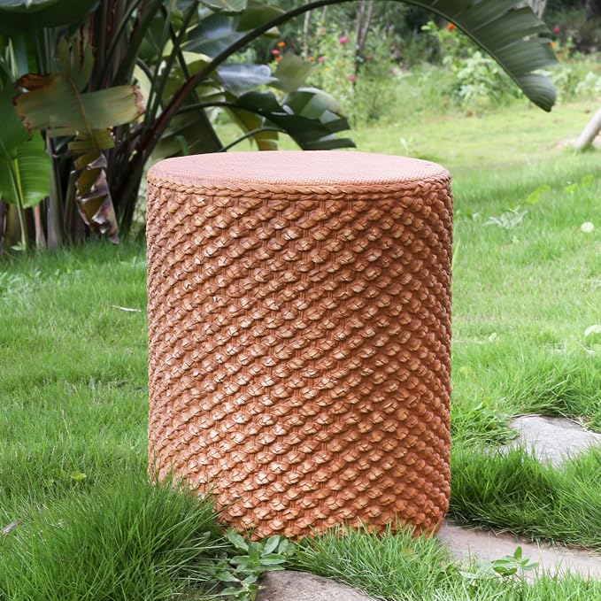 Christopher Knight Home Nataly 17.25" H Small Outdoor Side Table, Cylinder Shaped Carved Garden Stool, Lightweight Concrete End Table, Patio Decorative Home Stool for Balcony Poolside Backyard, Brown