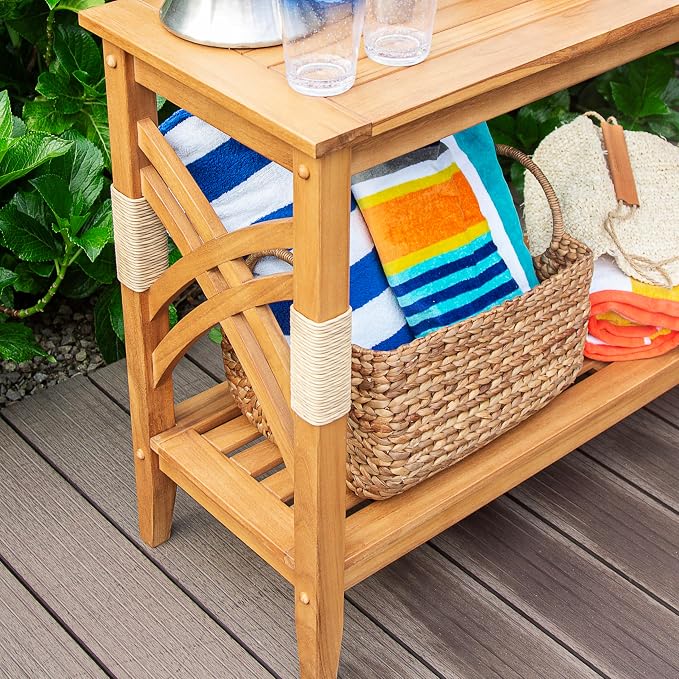 Cambridge Casual Sierra Teak Wood Outdoor Console Table with Accent Wicker, Natural Teak, Narrow Garden Table with Bottom Shelf for Patio, Deck, Entry Way or Poolside – Weather-Resistant
