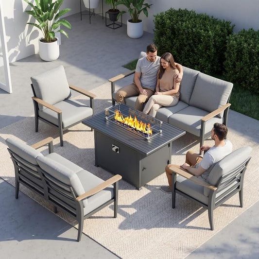 Aluminum Outdoor Patio Furniture Set, 5-Piece Sectional Sofa with 5.1" Thick Cushions, 55,000 BTU Propane Fire Pit Table, Outdoor Couch for Backyard, Deck, Gray