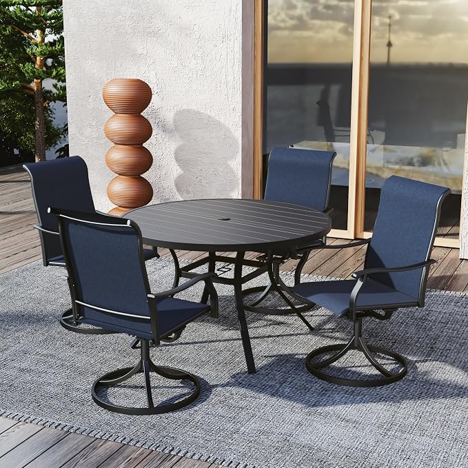 Patio 48" Round Table, Navy Blue Swivel Chairs Outdoor Dining Set 5 Style 1 | 4 Piece Swivel Chairs: High Back, Retro Armrest, Textilene Fabric, Rocking; 48 inch Metal Round Table, All Weather