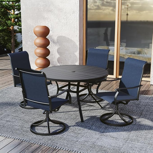 Patio 48" Round Table, Navy Blue Swivel Chairs Outdoor Dining Set 5 Style 1 | 4 Piece Swivel Chairs: High Back, Retro Armrest, Textilene Fabric, Rocking; 48 inch Metal Round Table, All Weather