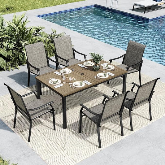 MFSTUDIO 7 PCS Outdoor Dining Set with 6 Patio Dining Sling Chair and 1 Heavy Duty Metal Wood Like Top Table, Outdoor Dining Table and Chairs Set for Patio, Grey