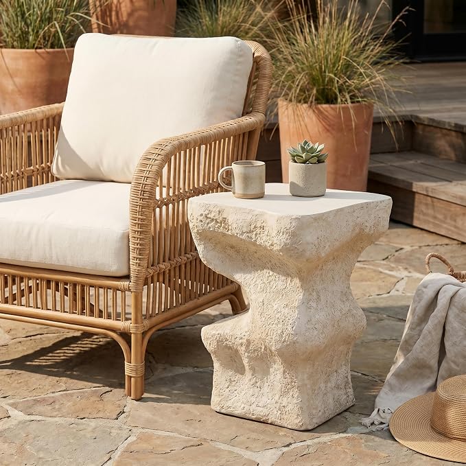 Outdoor Side Table, Modern Organic MGO Accent End Table for Patio, Living Room, Beige Tone Organic Textured Stone-Look