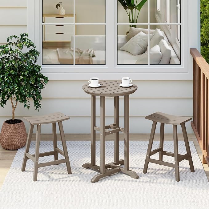 Costaelm Outdoor Bar Table, 37" Counter Height Round Patio Cocktail Bar Table, Patio Bar Table Bistro Dining Table Pub Table for Front Porch Deck, Backyard, Garden, Weathered Wood