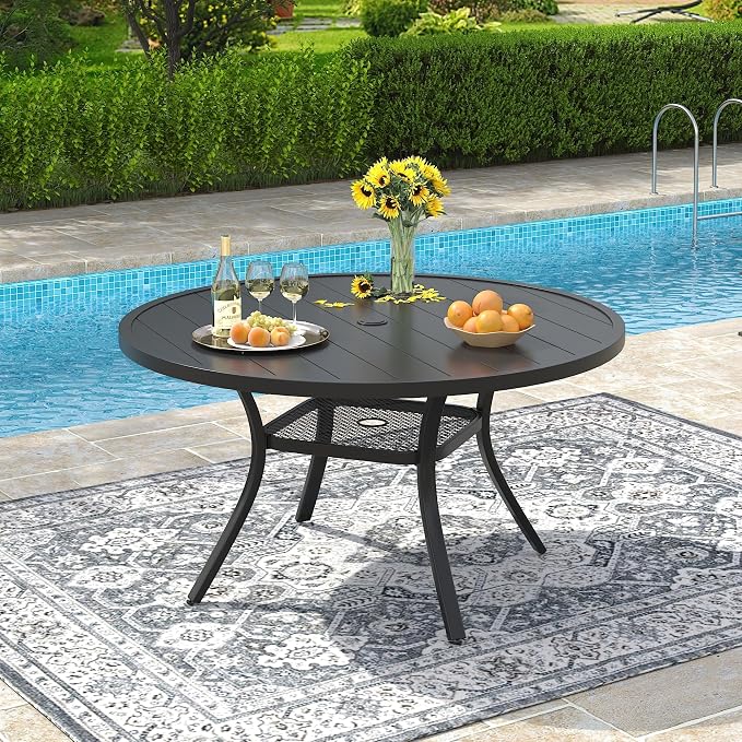 VICLLAX Round Patio Dining Table for 4-6, Outdoor Metal Dining Table with Umbrella Hole for Deck Lawn Garden Backyard, 47.2" Black