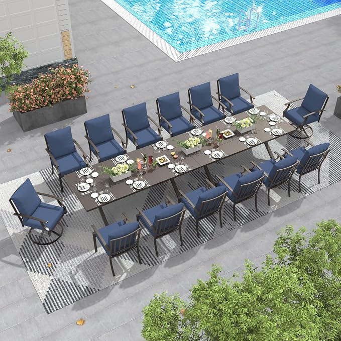 16 PCS Outdoor Patio Dining Set,Patio Table and Chairs Metal Outdoor Patio Furniture Set with Umbrella Hole,Dining Table Set with Swivel Chairs for Deck,Backyard and Garden,Navy Blue