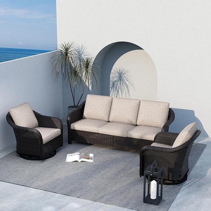 3-Piece Patio Conversation Set, 78 inch Wicker 2-Seater Sofa with Washable Cushions, 360° Swivel Glider Rocker Chairs, All Weather Rattan Outdoor Furniture for Backyard Garden Lawn, Beige