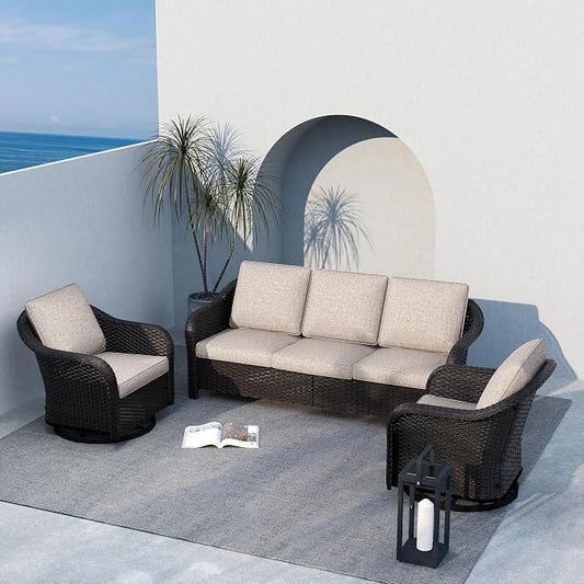 3-Piece Patio Conversation Set, 78 inch Wicker 2-Seater Sofa with Washable Cushions, 360° Swivel Glider Rocker Chairs, All Weather Rattan Outdoor Furniture for Backyard Garden Lawn, Beige