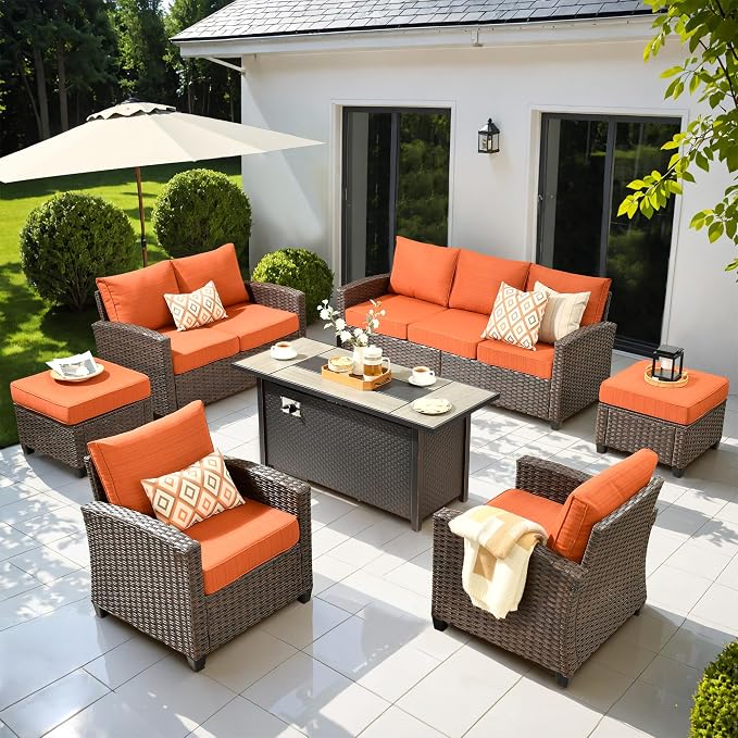 ovios 7 Pieces Patio Furniture Set, Outdoor Wicker Sofa Couch with 54" Fire Pit Table Comfy Cushions, All Weather Brown Rattan Conversation Set for Backyard Deck, Orange Red