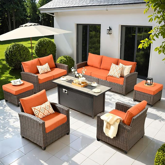 ovios 7 Pieces Patio Furniture Set, Outdoor Wicker Sofa Couch with 54" Fire Pit Table Comfy Cushions, All Weather Brown Rattan Conversation Set for Backyard Deck, Orange Red