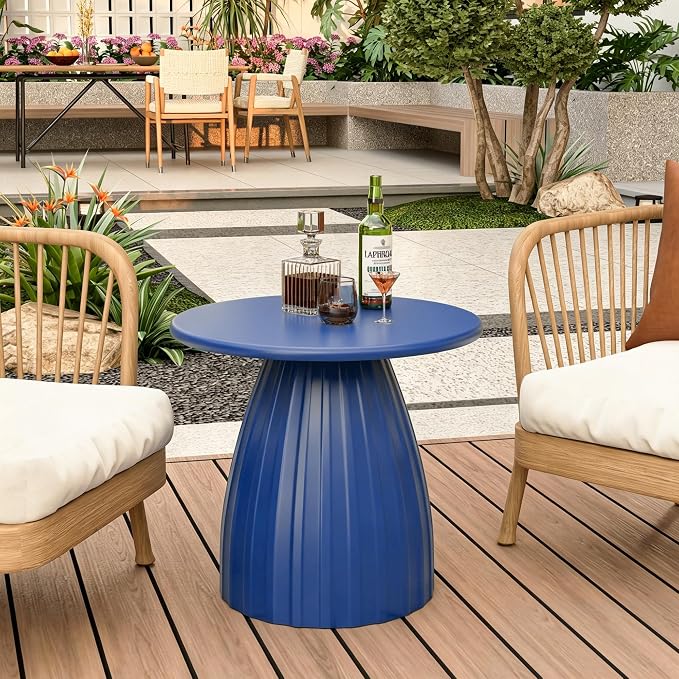 Round Metal Outdoor Patio Side Table, Steel Outdoor Accent Table, Small Patio End Table, for Garden, Pool, Yard, Balcony, Living Room, Deck, Weather Resistant, No Assembly, Blue