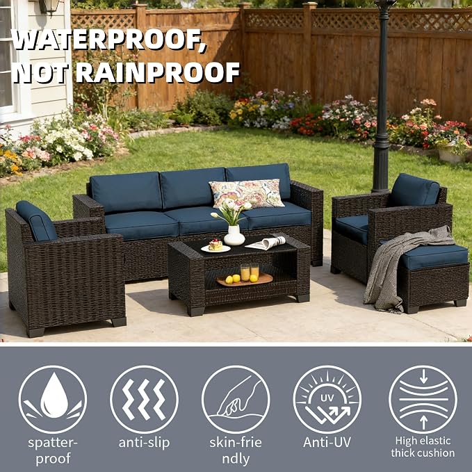SHGJ&SOFT 7 Piece Outdoor Patio Furniture Set, Wicker Outdoor Sectional Sofa with Washable Cushion Covers and Tempered Glass Table, Rattan Conversation Set for Poolside,Balcony, Porch, Garden