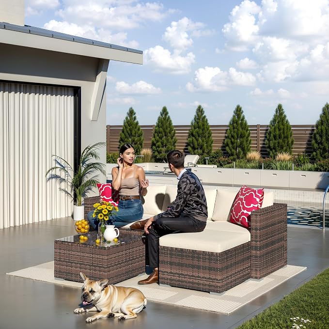 5 Piece Outdoor Patio Furniture Set, Rattan Deck Conversation Sofa Set with Non-Slip Cushions, All-Weather Sectional Sofa with Glass Storage Table and Balcony Footstool, Poolside, Garden, Porch, Brown