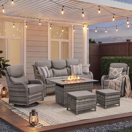 Luxury Patio Furniture Set with Fire Pit Table-6 Pieces All Weather Outdoor Swivel Rocker Chairs with Sofa and Ottomans. Outdoors Patio Conversation Sets for Porch Deck Garden Backyard(Grey/Grey)
