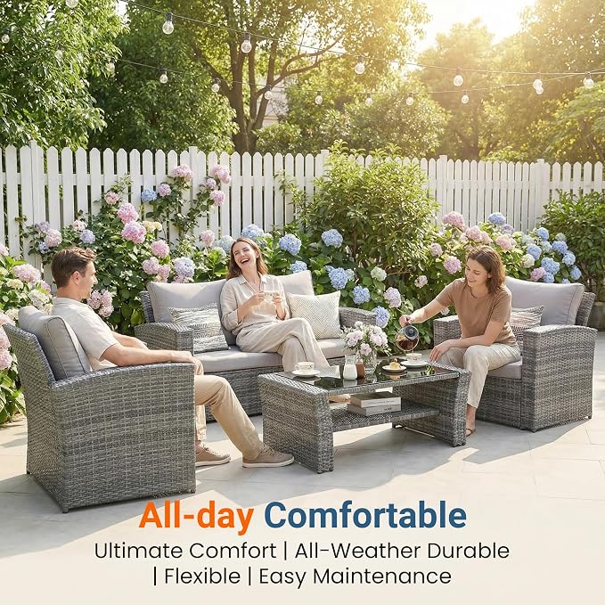 Wisteria Lane Patio Furniture Set, 5 Pieces Wicker Outdoor Furniture for All Weather, Patio Sofa with High Backrest Support and Wide Armrest for Backyard, Balcony, Deck, Porch, Ash Gray