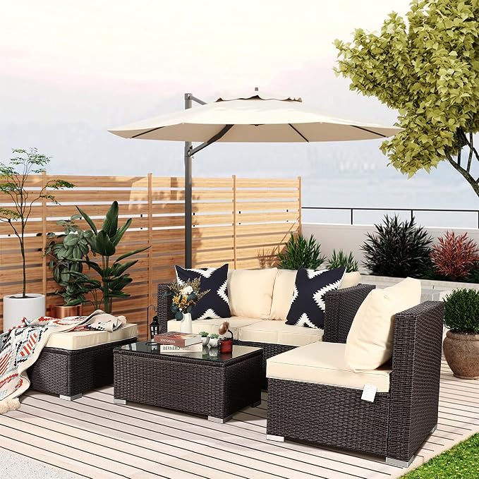 5 Piece Rattan Patio Furniture Set, Outdoor Patio Conversation Set | Soft Removable Cushion and Backrest, Tempered Coffee Table, Modern Chairs and Table Sets for Porch, Garden, Lawn, Grey/Beige