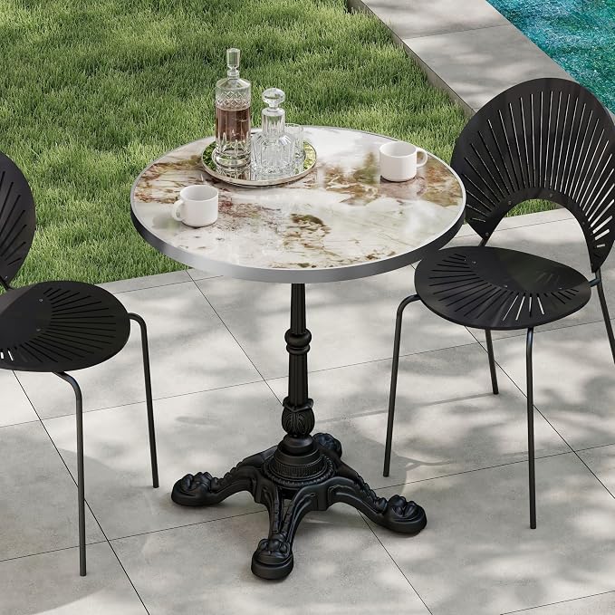 extrasleep 31.5" Bistro Table for Patio, Round Outdoor Dining Table with Cast Iron Style Pedestal Base, Tulip Table for 2-4 Person, Vintage Faux Marble Cafe Kitchen Table for Yard, Balcony, Garden
