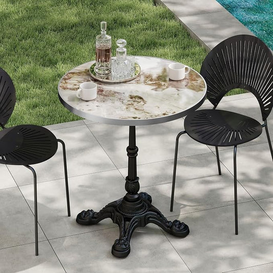extrasleep 31.5" Bistro Table for Patio, Round Outdoor Dining Table with Cast Iron Style Pedestal Base, Tulip Table for 2-4 Person, Vintage Faux Marble Cafe Kitchen Table for Yard, Balcony, Garden