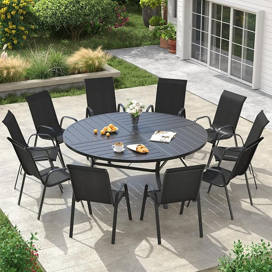 VICLLAX Round Outdoor Patio Dining Set for 10, Metal Slatted Patio Table with Umbrella Hole and 10 Stackable Patio Chairs for Deck Lawn Garden, Black Fabric and Black Tabletop