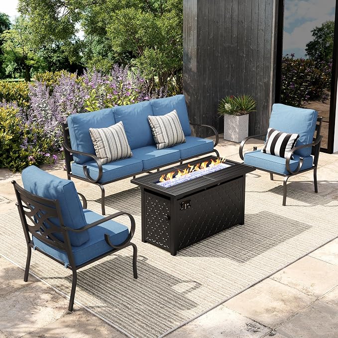 Sophia & William Patio Conversation Set for 5, 3-Seater Sofa, 2 Fixed Chairs and a 45" Fire Pit Table, Metal Outdoor Furniture with 5.75" Extra Thick Cushions, Navy