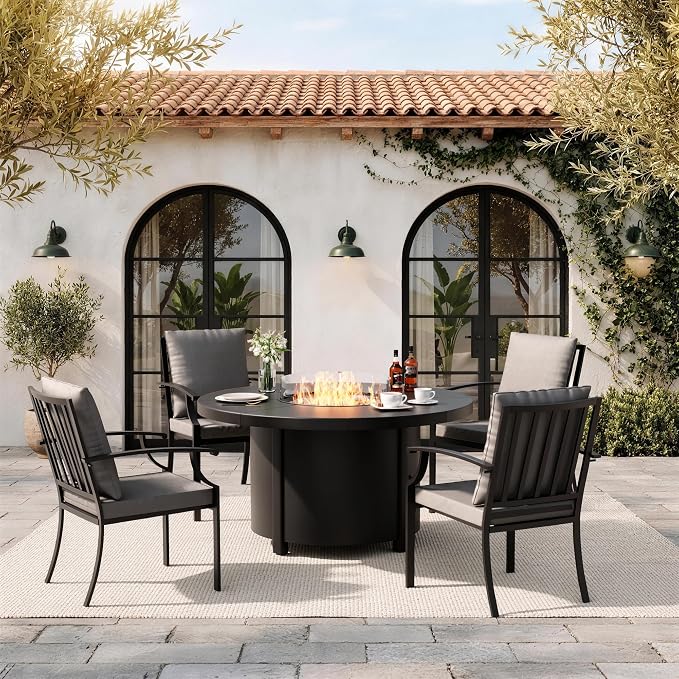 5 Pieces Outdoor Patio Furniture Set with 48" 55000 BTU Round Propane Fire Pit Table,Patio Dining Set Outdoor Conversation Sets 4 Chairs for Deck,Backyard and Garden,Grey