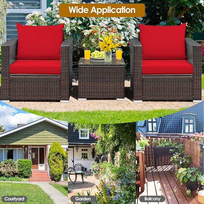 Patio Conversation Set Outdoor, 3-Piece Rattan Wicker Furniture Set with Water-Resistant Cushion & Tempered Glass Tabletop, Patio Furniture Set for Balcony, Porch, Poolside (Red)