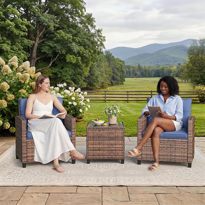 Garvee Outdoor Wicker Chairs,3 Pieces Patio Furniture Set,All Weather High Back Rattan Chairs w/Washable Cushion and Tempered Glass Tabletop for Deck Porch Balcony Backyard Garden,Brown & Blue