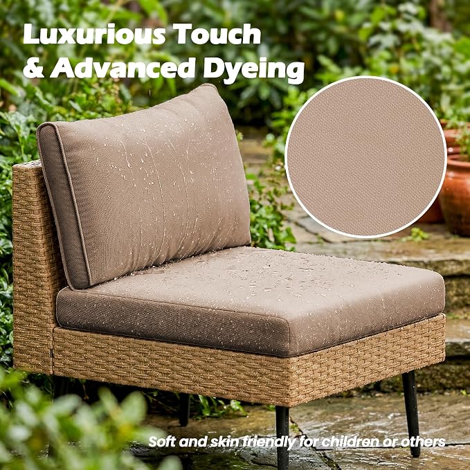 Vikiullf Outdoor Wicker Sectional Sofa Set, L-Shaped Patio Conversation Set with 4" Cushions, Boho Rattan Furniture for Backyard Poolside Deck (Khaki, 8 Pieces)