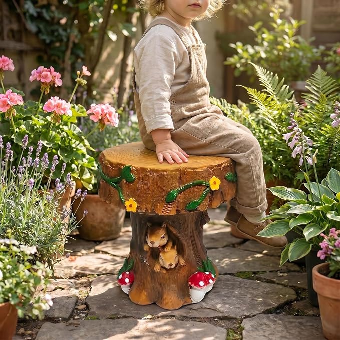 Resin Squirrel Tree Stump Stool – 12.6" Whimsical Garden Seat & Side Table | Outdoor & Indoor Decorative Chair for Patio, Backyard, Fairy Garden, Kids Room | Weather-Resistant Forest Figurine Decor