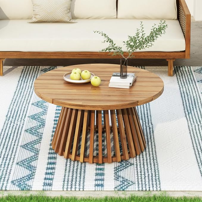 Wood Outdoor Round Coffee Table, Weather-Resistant Patio Table with Striped Base, for Garden, Deck, and Backyard, Brown