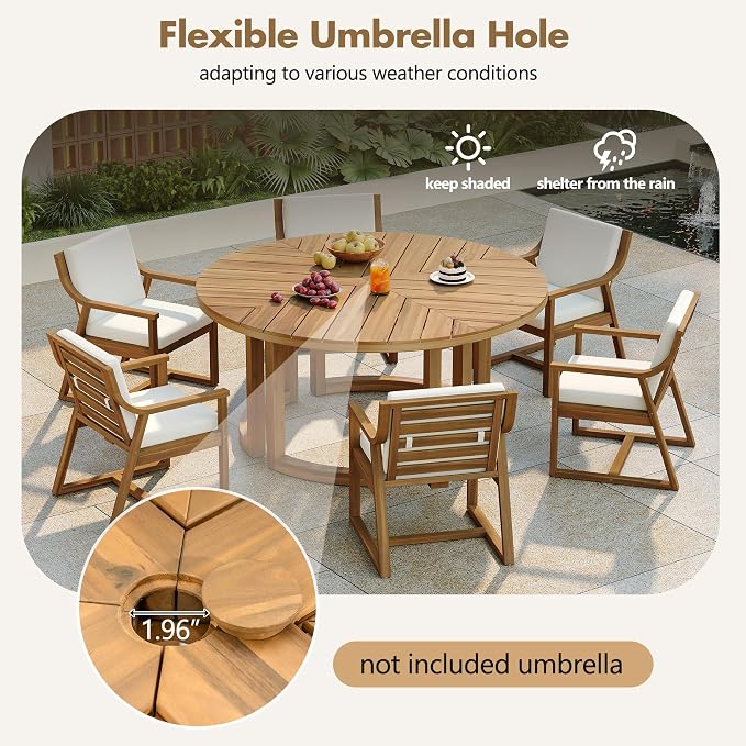 RUNNA Patio Dining Table Set for 6,Round Dining Table with 1.96" Umbrella Hole, Outdoor Wooden Patio Furniture Set with Removable Cushions for Garden,Backyard and Pools (Light Teak#27)