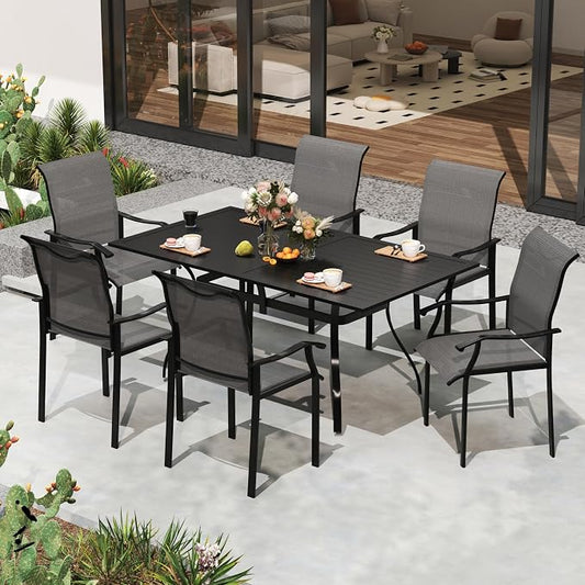 LVUYOYO 7-Piece Outdoor Patio Dining Set, Textilene Dining Chairs & Rectangular Table Set, All-Weather Table and Chairs Set with Umbrella Hole for Backyard, Garden,Balcony,Porch (Gray)