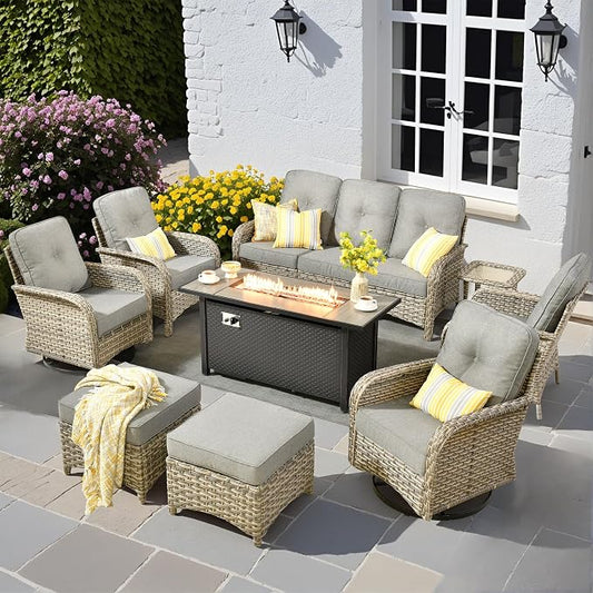 9 PCS Outdoor Patio Furniture Set with Fire Pit Table and Swivel Rocking Chairs,All Weather Wicker Rattan Patio Seating Sofa and Chair Set with Ottomans,Outdoor Conversation for Porch Deck Yard,Grey