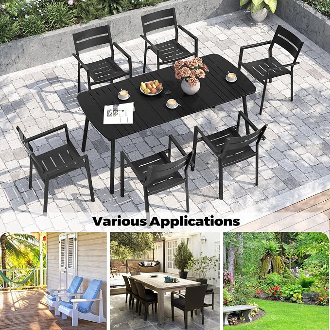Crestlive Products Outdoor Dining Table for 6, 70In Aluminum Patio Table with Umbrella Hole Weather Resistant Rectangle OutsideTables for Garden Lawn, Black