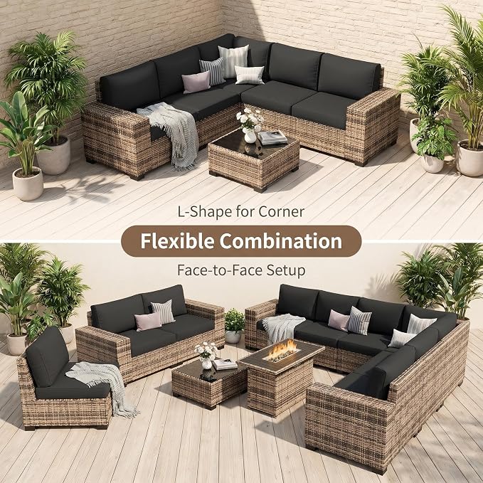 UDPATIO Patio Furniture Set L-Shaped, 8" Width Armrest Sectional Set, Al Weather PE Rattan Conversation Furniture with High Density Cushions and Coffee Table for Outdoor Backyard Porch Black