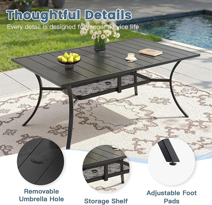 DIFY 7 Pieces Outdoor Dining Set for 6, 59.2" Black Rectangle Metal Table with 4 Stackable Wicker Patio Chairs & 2 Swivel Chairs, Patio Furniture Set with Cushions and Umbrella Hole, Wheat Rattan