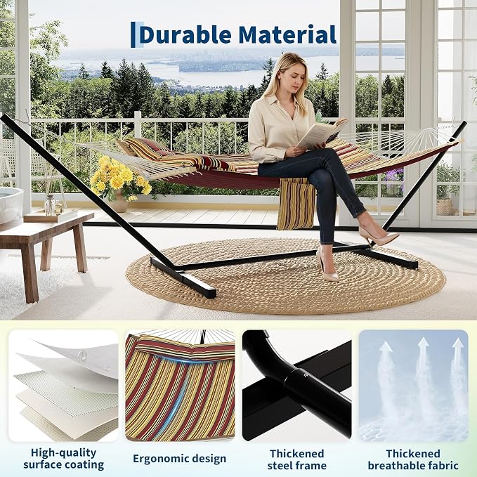 GarveeHome Portable 2 Person Double Hammock with Sturdy Heavy-Duty Steel Stand – 450LBS Max Load, Quick & Effortless Assembly, Perfect for Indoor Living, Yard, Patio & Camping Trips