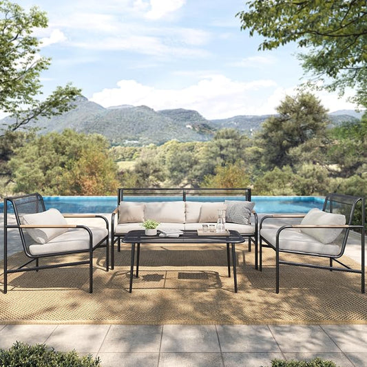 HERA'S HOUSE Patio Furniture Set, 4 Pieces Outdoor Furniture Set with 6.7'' Thick Cushions, All-Weather Patio Conversation Set with Coffee Table for Backyard, Poolside, Deck-Beige