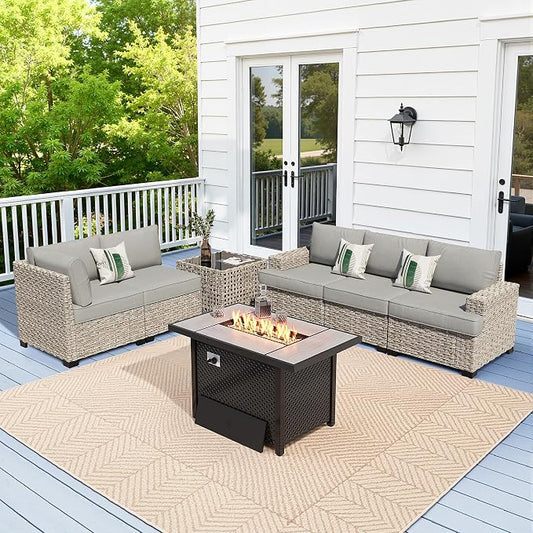 Weaxty 7 Pieces Wide Seats Outdoor Furniture Set, L Shape Sectional Couch Ottoman Fire Pit Solar Table, Thick Cushion All-Weather Rattan Patio Conversation Sets for Backyard Porch Deck, Dark Gray