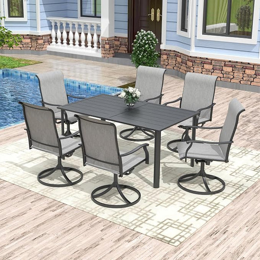 Anmutig 7 Pieces Outdoor Table and Chairs Set,Patio Dining Set with 6 Textilene Swivel Chairs, Outdoor Dining Set for Garden Backyard Poolside Deck,Charcoal Grey
