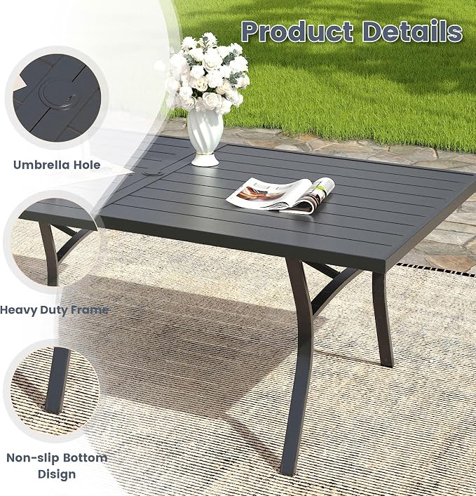 VICLLAX 9 Pieces Patio Outdoor Dining Set, 8 Swivel Textilene Chairs and 70" Rectangular Metal Table with Umbrella Hole for Porch, Deck, Garden, Black/Dark Blue