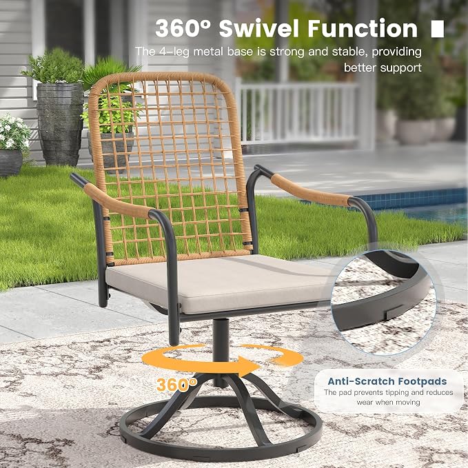DIFY 7 Pieces Outdoor Dining Set, Metal Patio Table and Chairs Set for 6, 59.2" Rectangle Dining Table with Umbrella Hole & Wicker Swivel Patio Chairs with Cushions, Black Tabletop