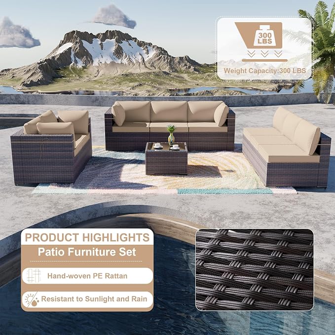ALAULM 9 Pieces Patio Furniture Set Wicker Patio Conversation Set with 4 Corner Sofas, Outdoor Sectional Furniture w/Coffee Table & Washable Seat Cushions-Sand