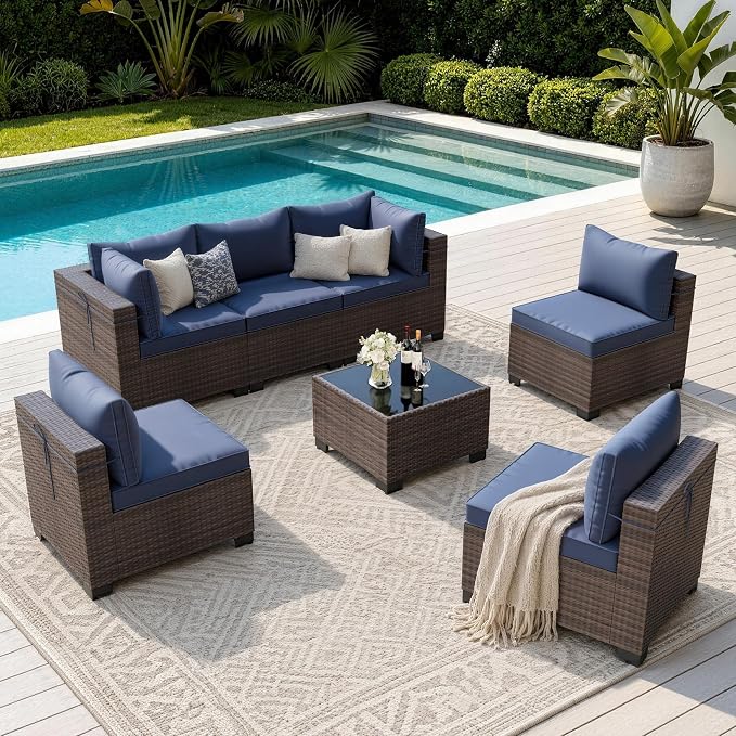 Outdoor Patio Furniture Set, 7 Pieces Outdoor Sectional Furniture Patio Sofa, All-Weather PE Rattan Patio Conversation Set with Tempered Glass Top Table & Cushions(Navy Blue).