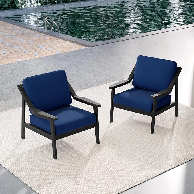 Outdoor Patio Furniture Set, 2 Piece Outdoor Patio Sofa Armchairs with Washable Thick Cushions, All-Weather Solid Wood Patio Bistro Set for Porch, Balcony, Black Frame & Navy Cushion